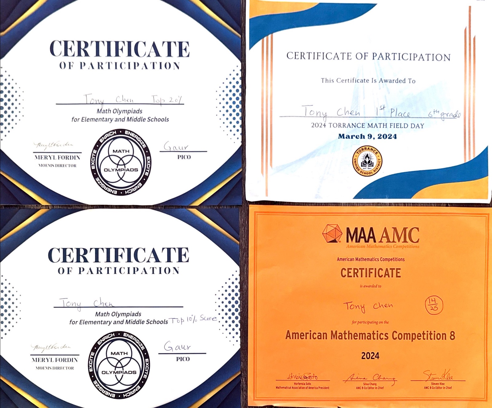 Math Competition Certificates Collection